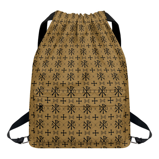Beige And Black Orthodox Pattern Print Drawstring Backpack