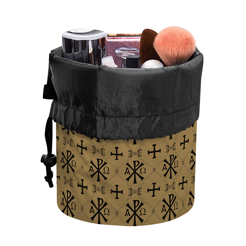Beige And Black Orthodox Pattern Print Drawstring Makeup Bag