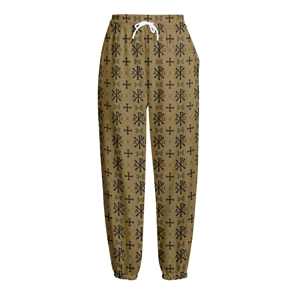 Beige And Black Orthodox Pattern Print Fleece Lined Knit Pants