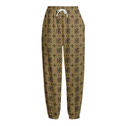 Beige And Black Orthodox Pattern Print Fleece Lined Knit Pants