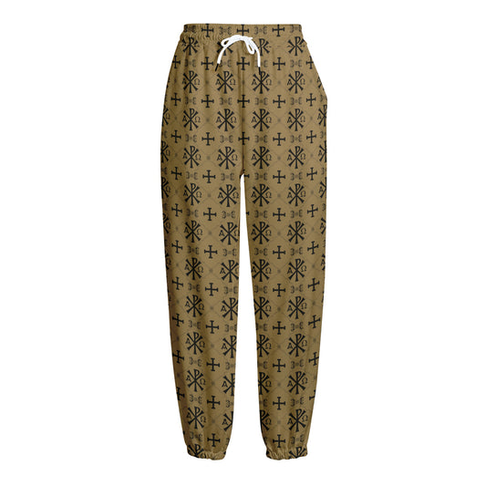 Beige And Black Orthodox Pattern Print Fleece Lined Knit Pants