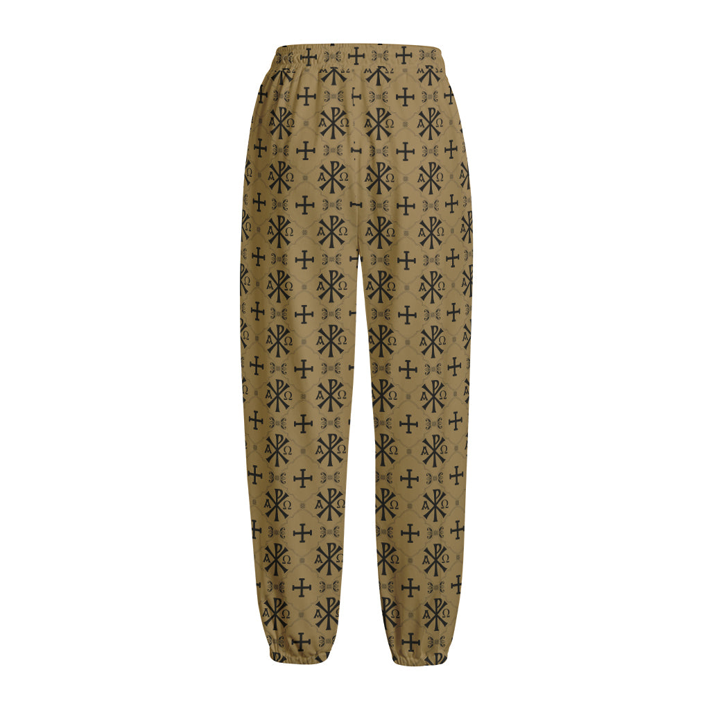 Beige And Black Orthodox Pattern Print Fleece Lined Knit Pants