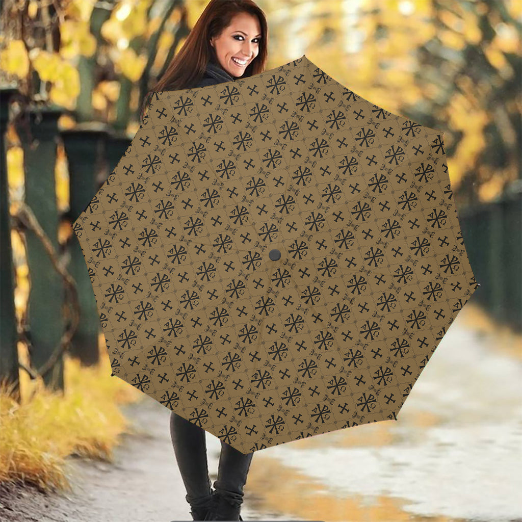 Beige And Black Orthodox Pattern Print Foldable Umbrella