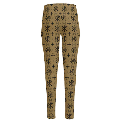 Beige And Black Orthodox Pattern Print High-Waisted Pocket Leggings