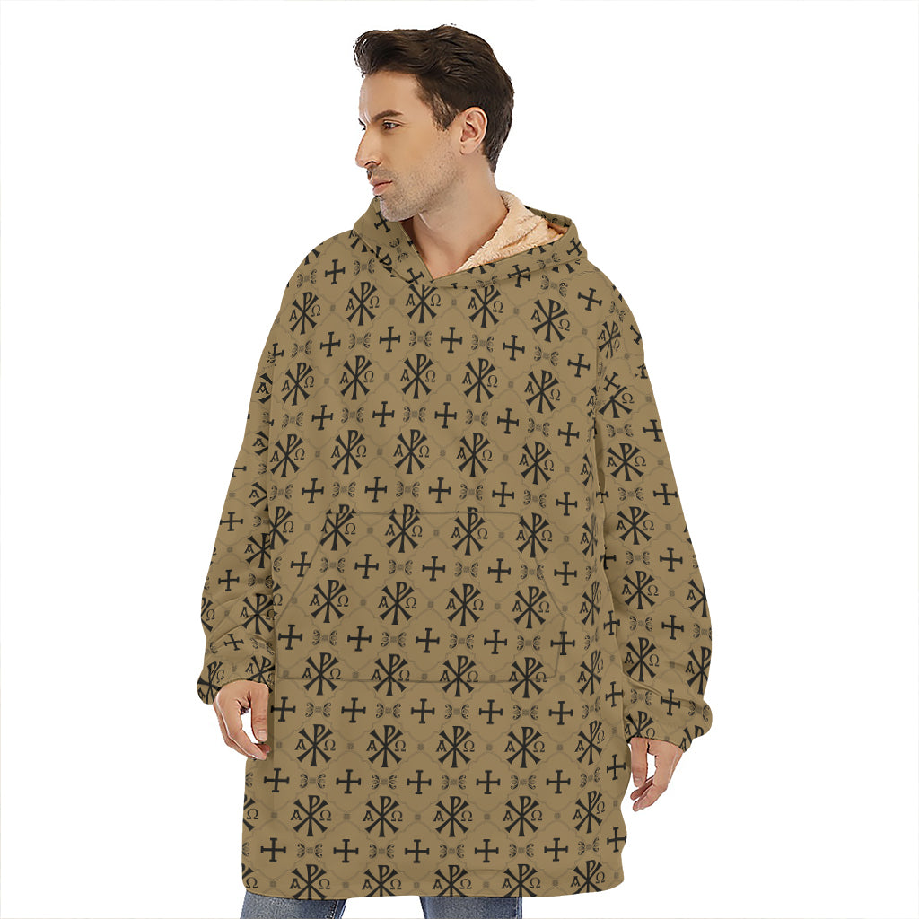Beige And Black Orthodox Pattern Print Hoodie Blanket