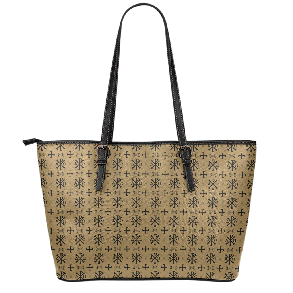 Beige And Black Orthodox Pattern Print Leather Tote Bag