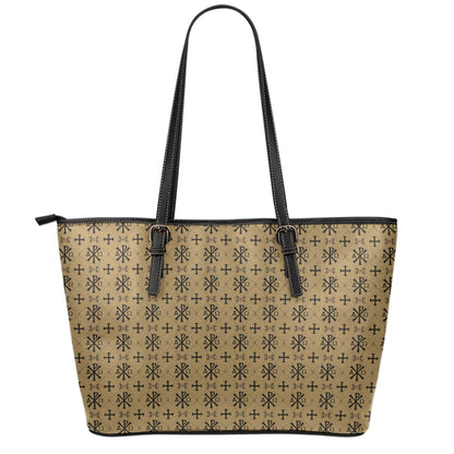 Beige And Black Orthodox Pattern Print Leather Tote Bag