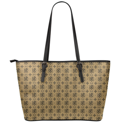 Beige And Black Orthodox Pattern Print Leather Tote Bag