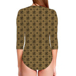 Beige And Black Orthodox Pattern Print Long Sleeve Swimsuit