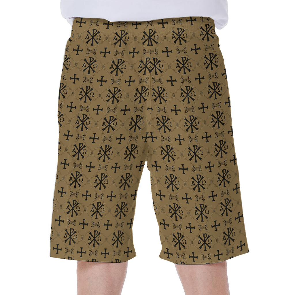 Beige And Black Orthodox Pattern Print Men's Beach Shorts