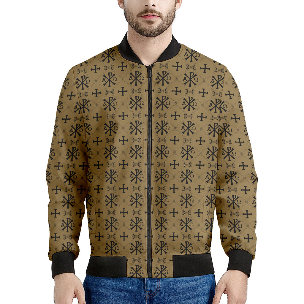 Beige And Black Orthodox Pattern Print Men's Bomber Jacket