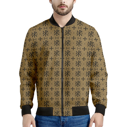 Beige And Black Orthodox Pattern Print Men's Bomber Jacket