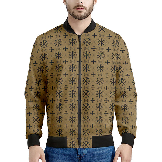 Beige And Black Orthodox Pattern Print Men's Bomber Jacket