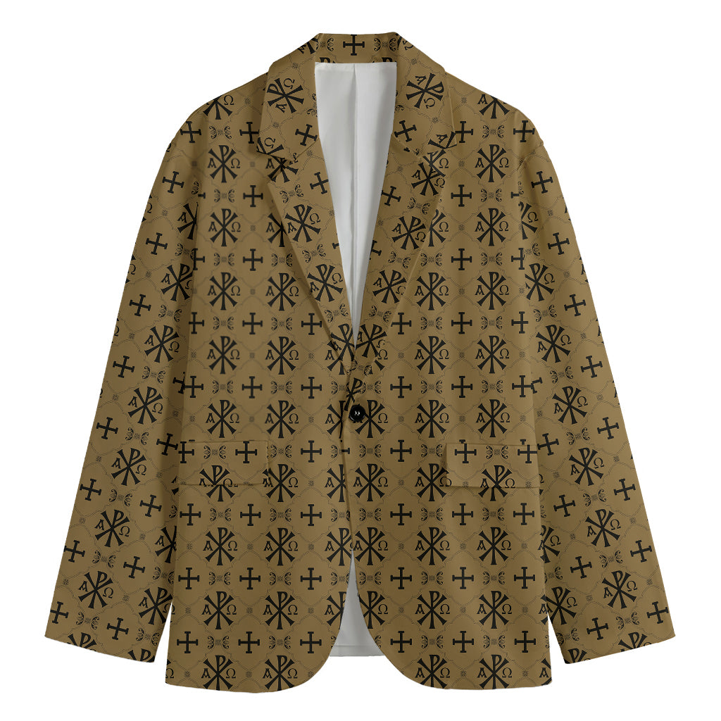 Beige And Black Orthodox Pattern Print Men's Cotton Blazer