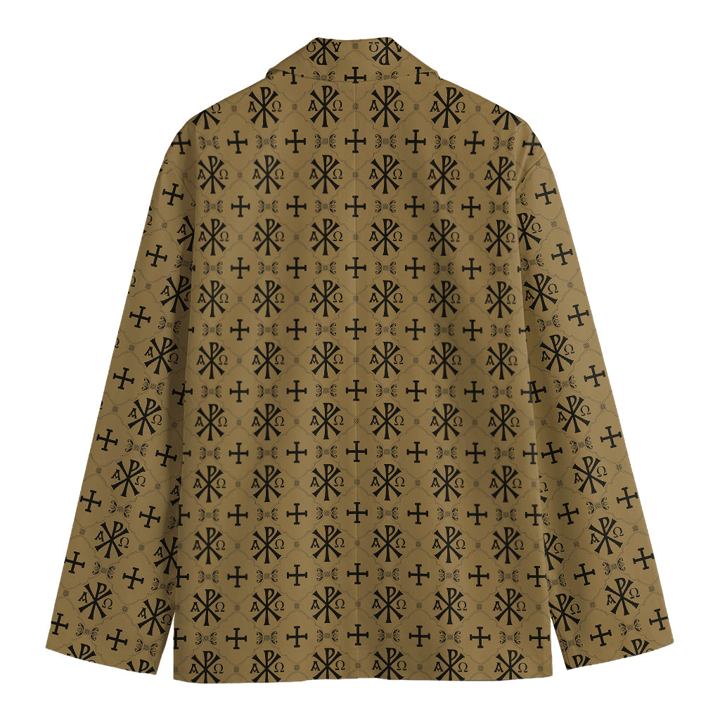 Beige And Black Orthodox Pattern Print Men's Cotton Blazer