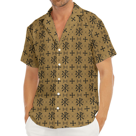 Beige And Black Orthodox Pattern Print Men's Deep V-Neck Shirt