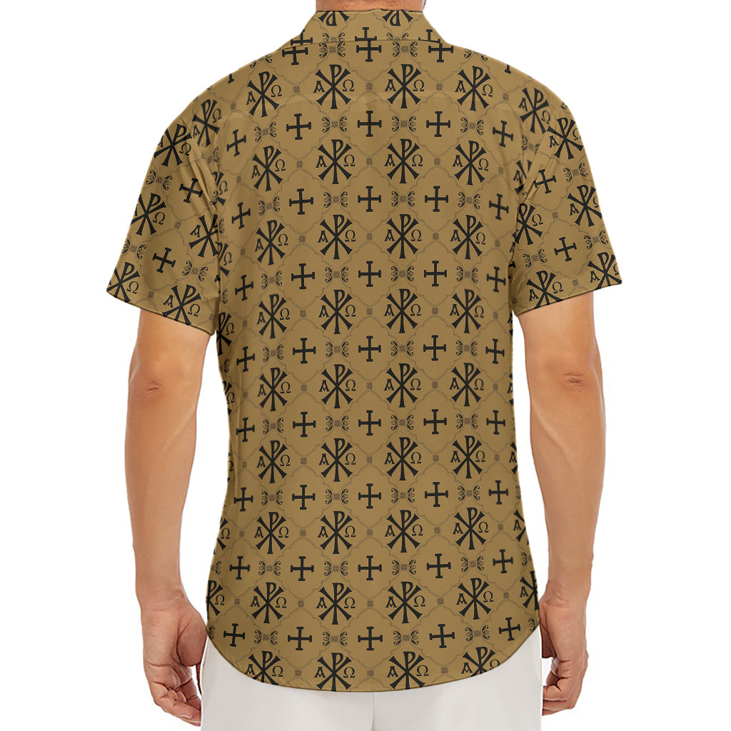 Beige And Black Orthodox Pattern Print Men's Deep V-Neck Shirt
