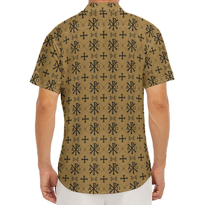 Beige And Black Orthodox Pattern Print Men's Deep V-Neck Shirt
