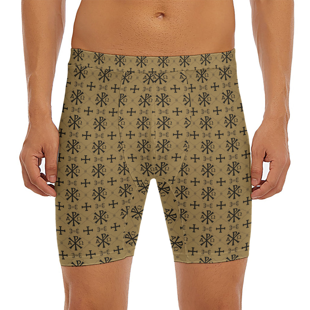Beige And Black Orthodox Pattern Print Men's Long Boxer Briefs
