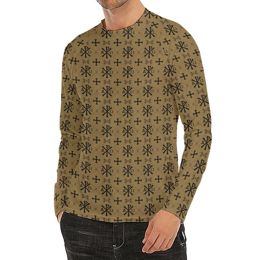 Beige And Black Orthodox Pattern Print Men's Long Sleeve Rash Guard
