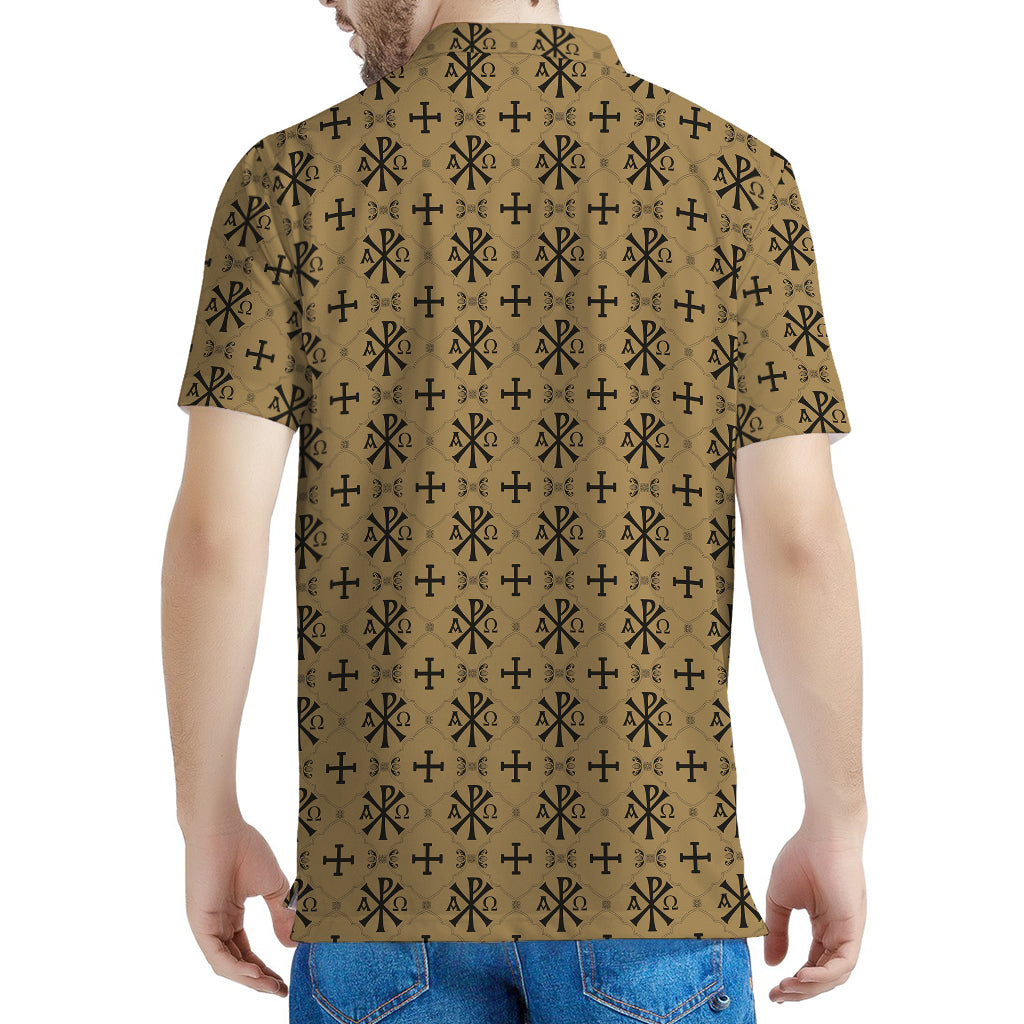 Beige And Black Orthodox Pattern Print Men's Polo Shirt
