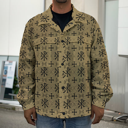 Beige And Black Orthodox Pattern Print Men's Shirt Jacket