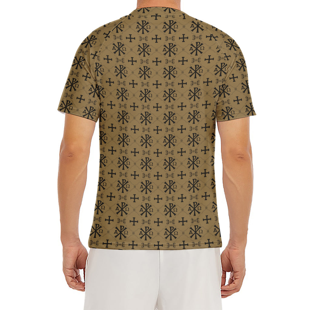 Beige And Black Orthodox Pattern Print Men's Short Sleeve Rash Guard