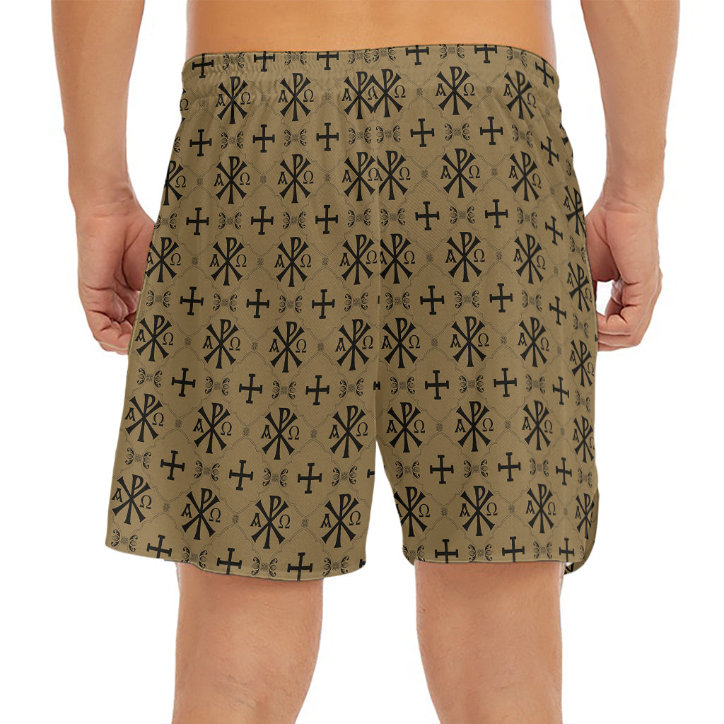 Beige And Black Orthodox Pattern Print Men's Split Running Shorts