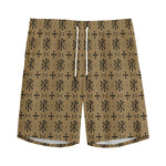 Beige And Black Orthodox Pattern Print Men's Sports Shorts