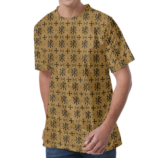 Beige And Black Orthodox Pattern Print Men's Velvet T-Shirt
