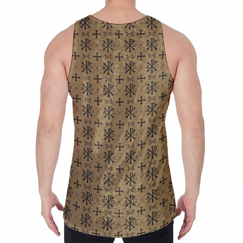 Beige And Black Orthodox Pattern Print Men's Velvet Tank Top