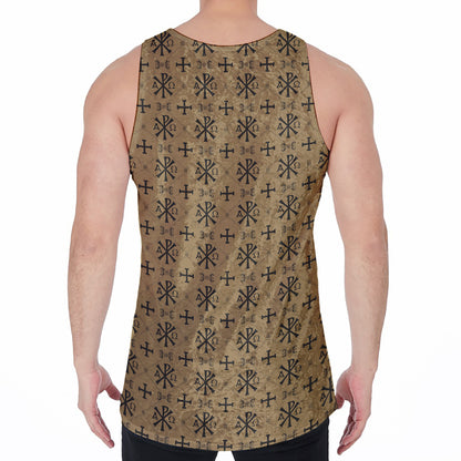 Beige And Black Orthodox Pattern Print Men's Velvet Tank Top