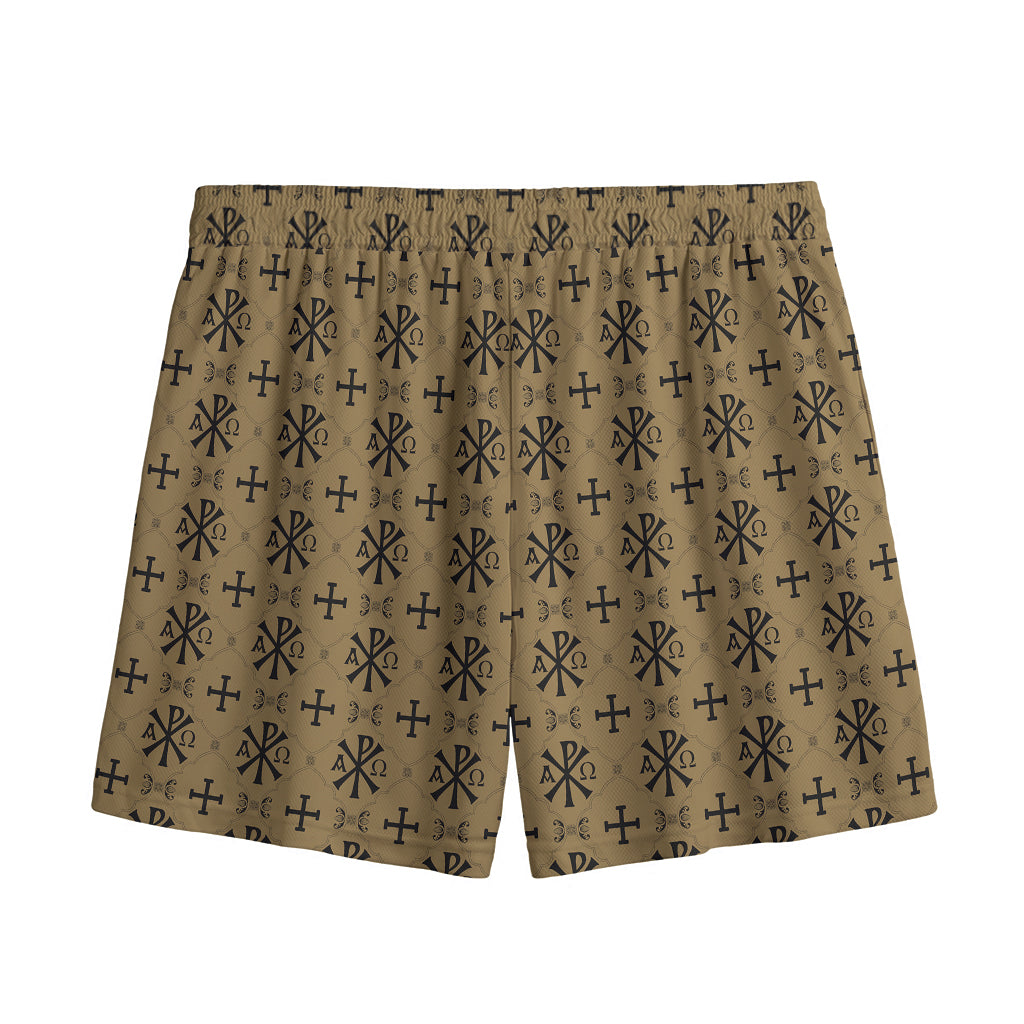 Beige And Black Orthodox Pattern Print Mesh Shorts
