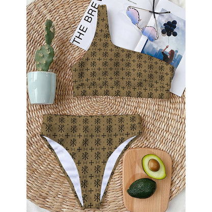 Beige And Black Orthodox Pattern Print One Shoulder Bikini Top