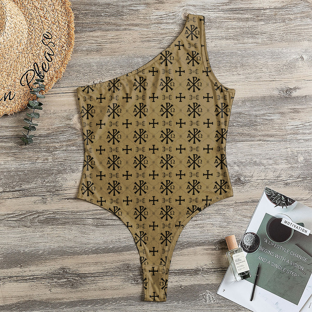 Beige And Black Orthodox Pattern Print One Shoulder Bodysuit