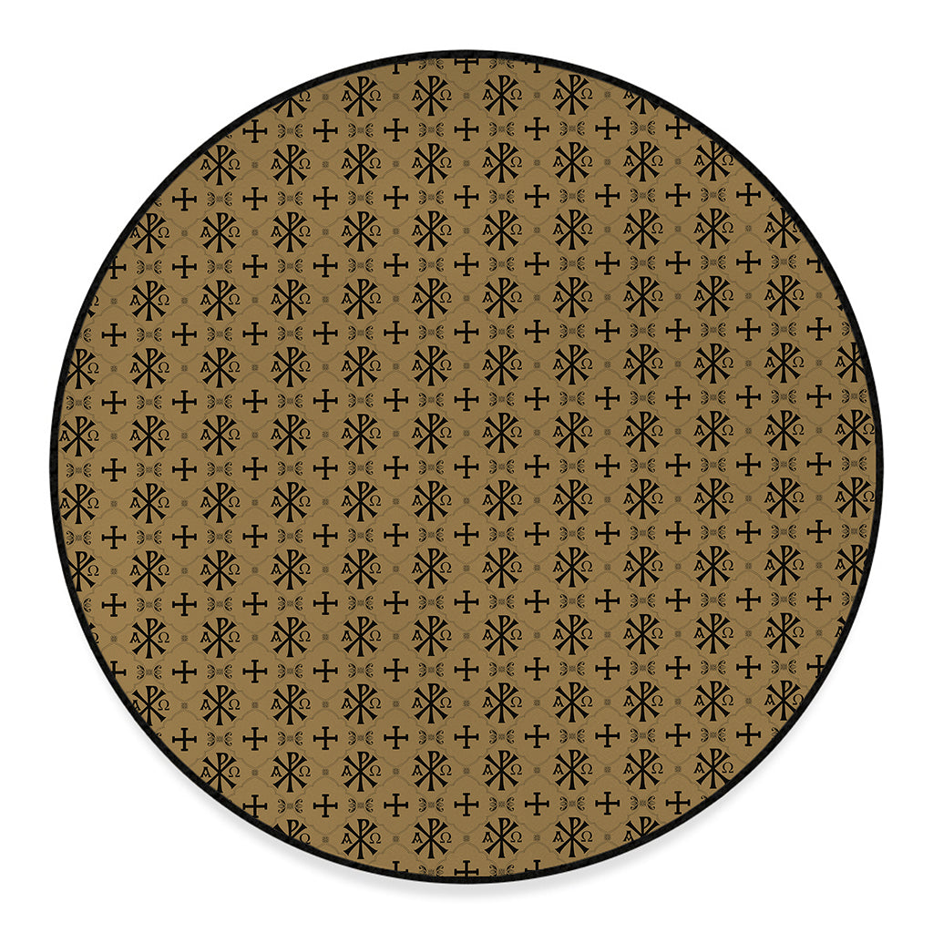 Beige And Black Orthodox Pattern Print Round Floor Mat