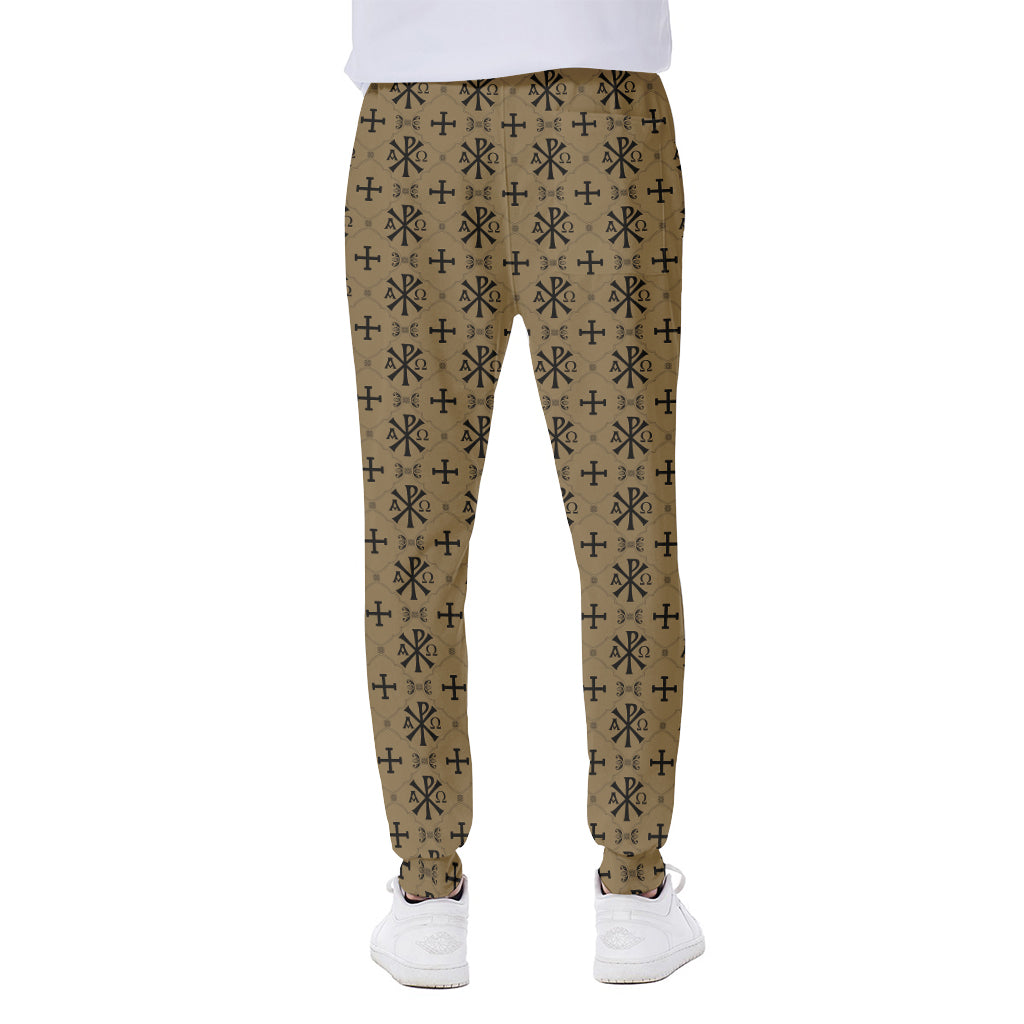 Beige And Black Orthodox Pattern Print Scuba Joggers