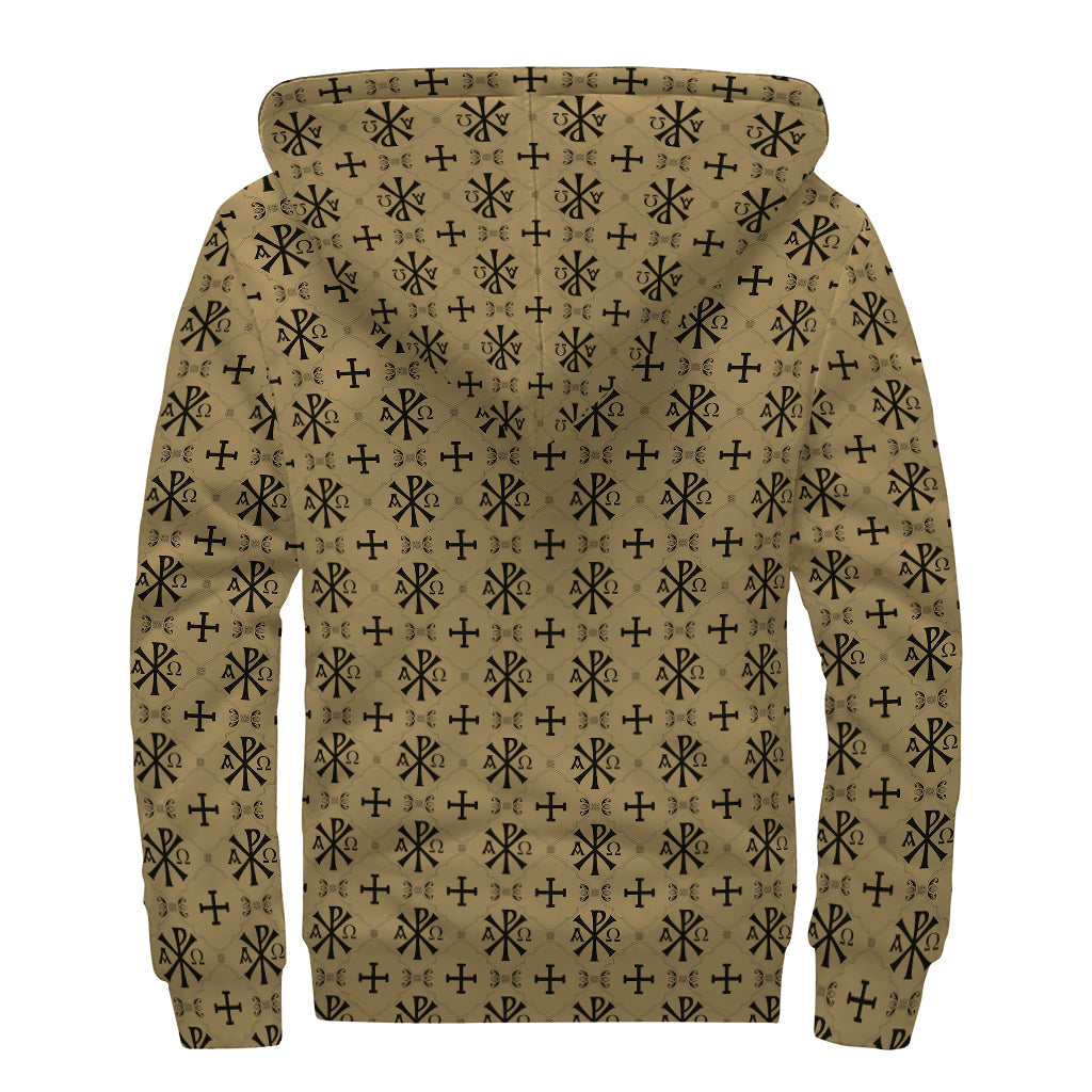 Beige And Black Orthodox Pattern Print Sherpa Lined Zip Up Hoodie