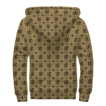 Beige And Black Orthodox Pattern Print Sherpa Lined Zip Up Hoodie