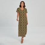 Beige And Black Orthodox Pattern Print Short Sleeve Maxi Dress