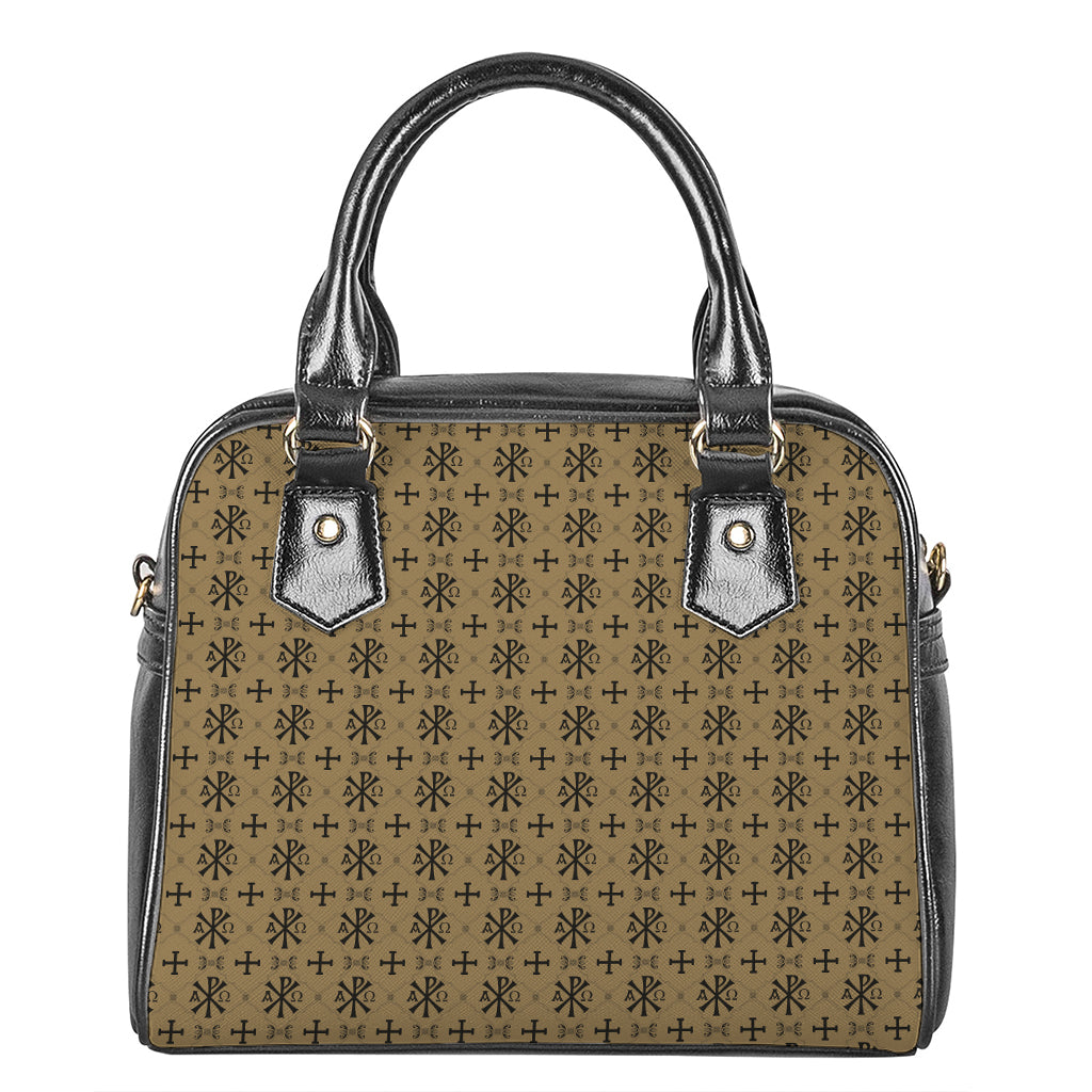 Beige And Black Orthodox Pattern Print Shoulder Handbag