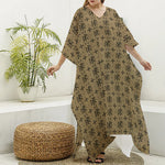 Beige And Black Orthodox Pattern Print Silk V-Neck Kaftan Dress