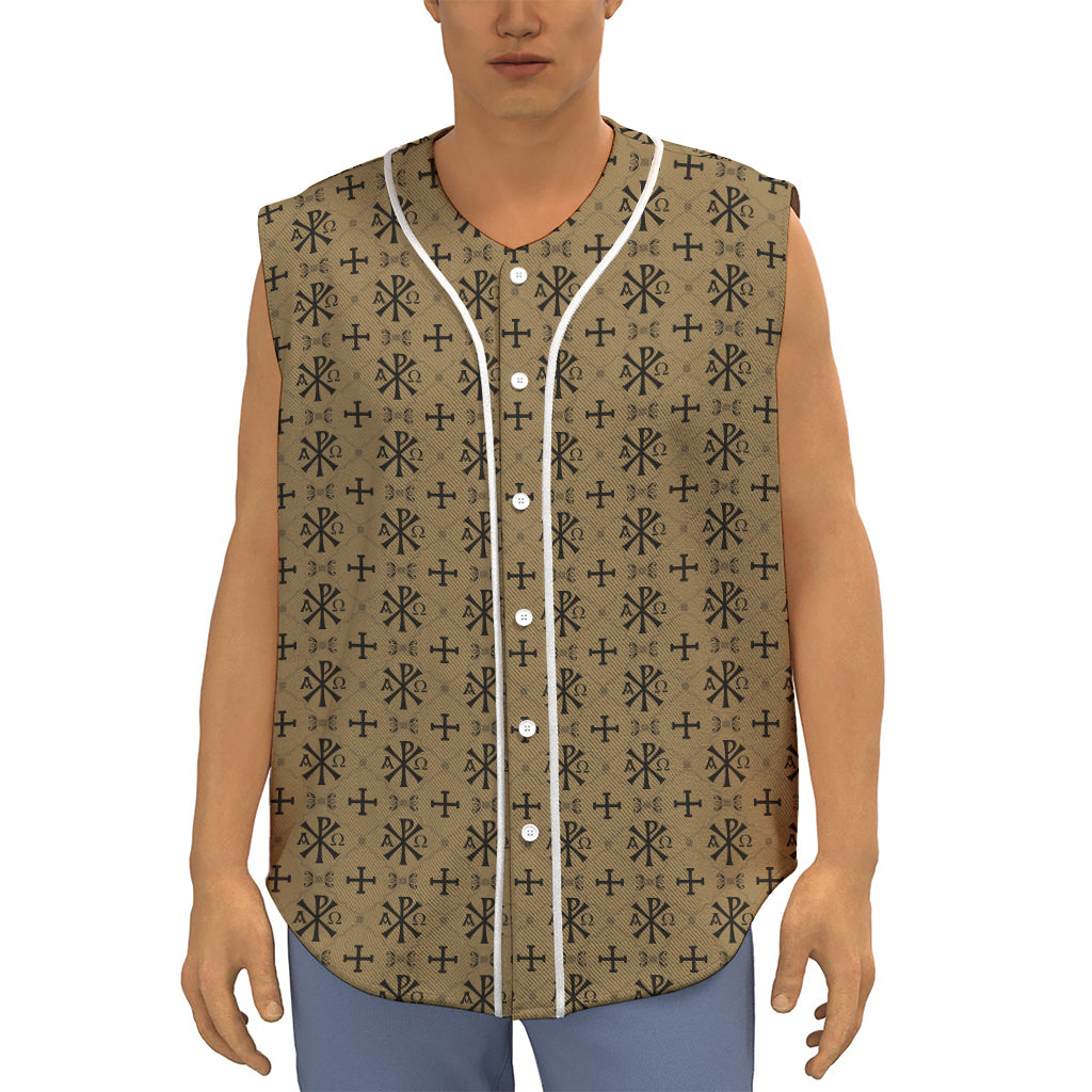Beige And Black Orthodox Pattern Print Sleeveless Baseball Jersey