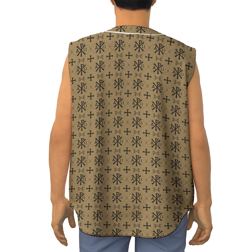 Beige And Black Orthodox Pattern Print Sleeveless Baseball Jersey