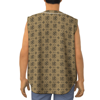 Beige And Black Orthodox Pattern Print Sleeveless Baseball Jersey