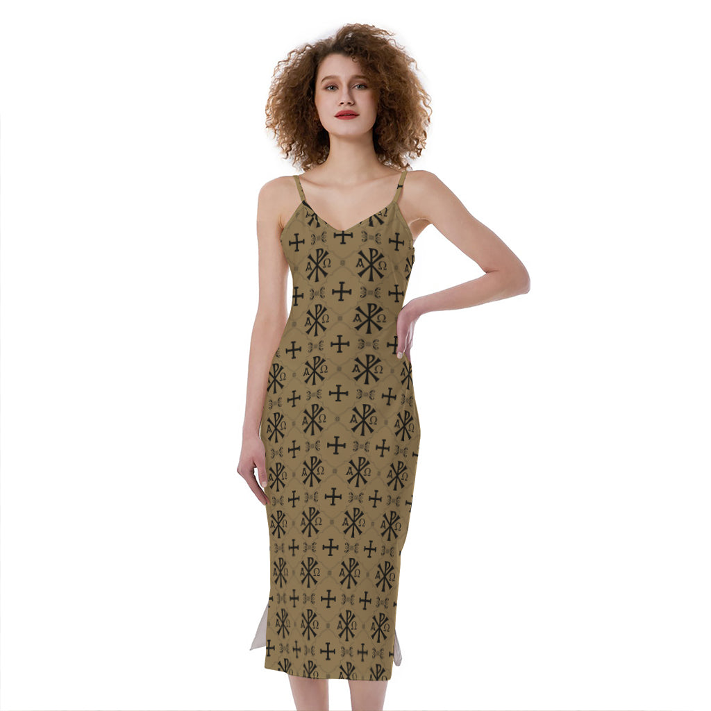 Beige And Black Orthodox Pattern Print Slim Fit Midi Cami Dress