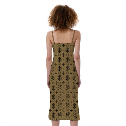 Beige And Black Orthodox Pattern Print Slim Fit Midi Cami Dress