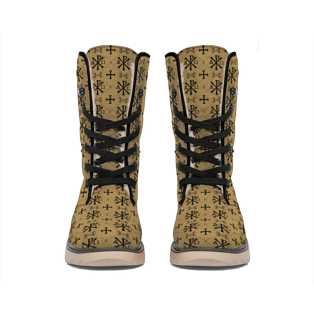 Beige And Black Orthodox Pattern Print Winter Boots