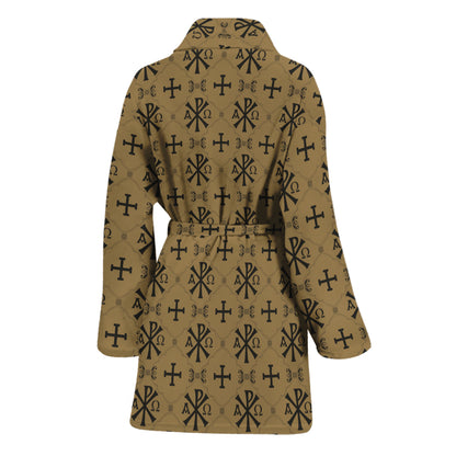 Beige And Black Orthodox Pattern Print Women's Bathrobe