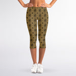 Beige And Black Orthodox Pattern Print Women's Capri Leggings